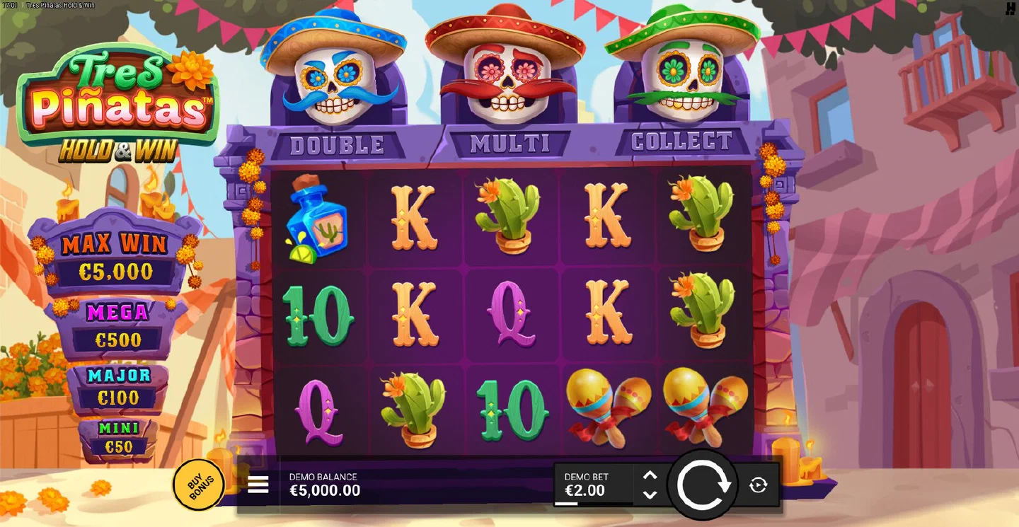 The Tres Pinatas base game ready to spin, with the three Piñata Skulls dark above the reels