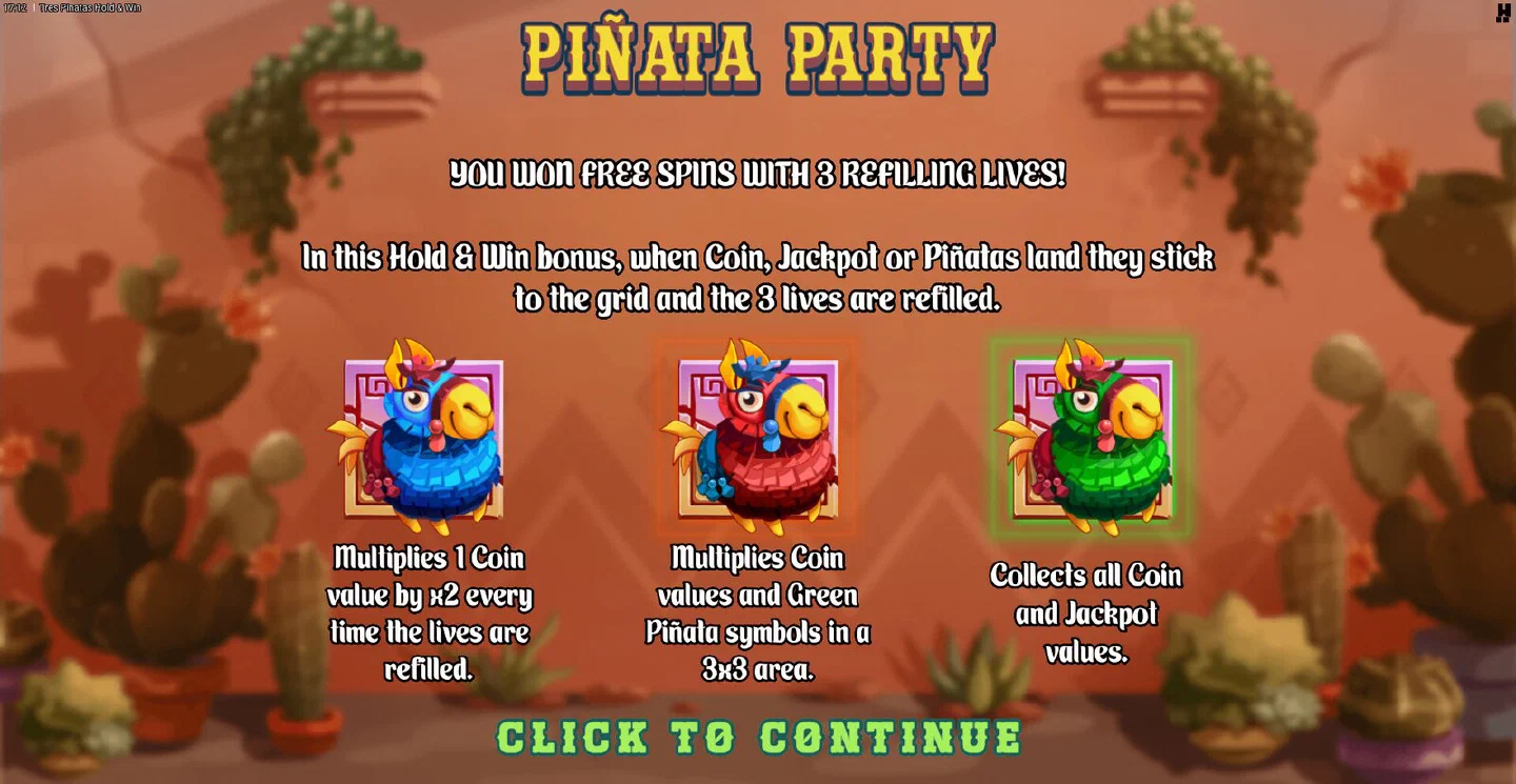 The Piñata Party intro card in Tres Pinatas Hold & Win, showing the blue, red and green Piñatas with their effects