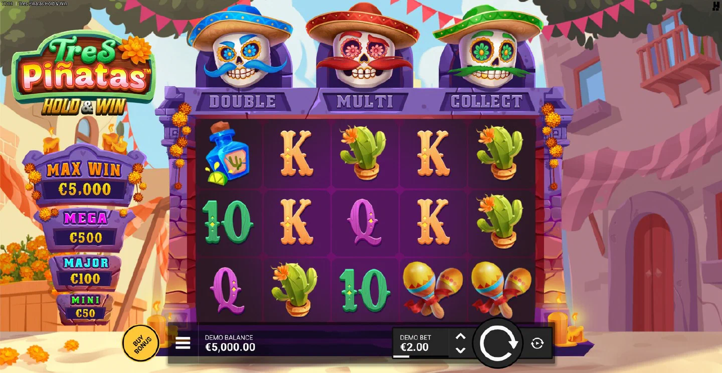 The Tres Pinatas 5x3 base game with the three coloured Piñata Skulls above the reels and the jackpot ladder beside them