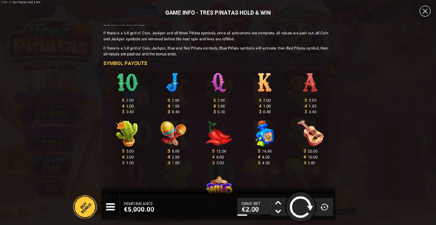 The Tres Pinatas GAME INFO paytable panel showing the premium and low symbol values